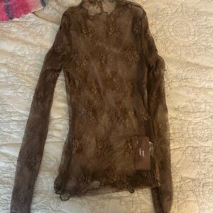 Sheer Brown Lace Long Sleeve Top